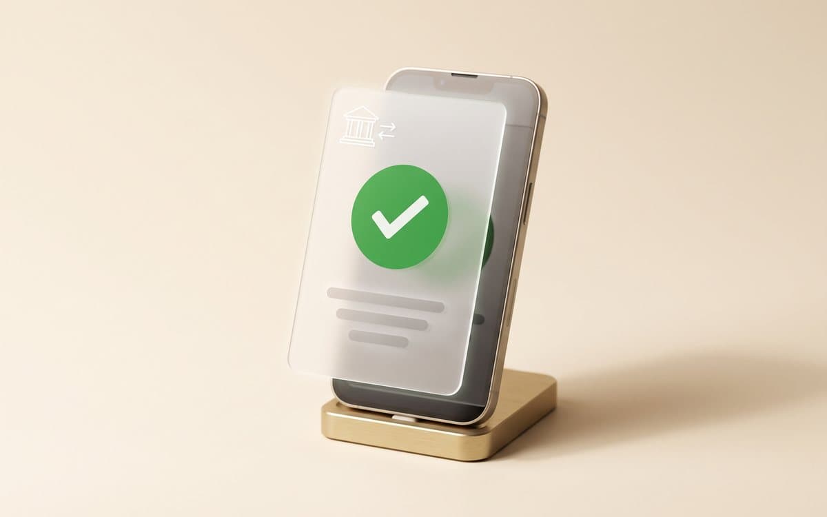 A bank transfer confirmed on a phone, with a green tick