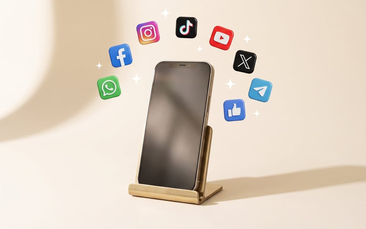 A phone with social media app icons floating around it