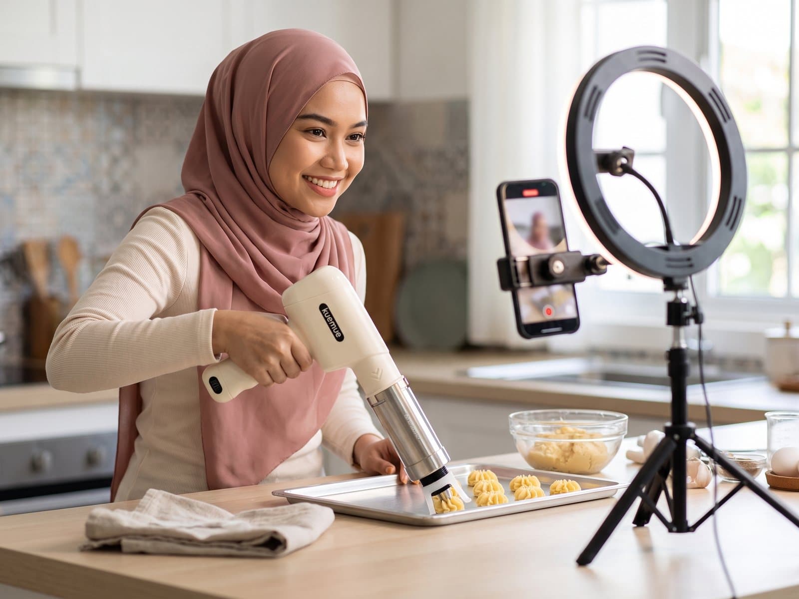 A creator in a tudung showing the Bakineer to her phone during a live stream